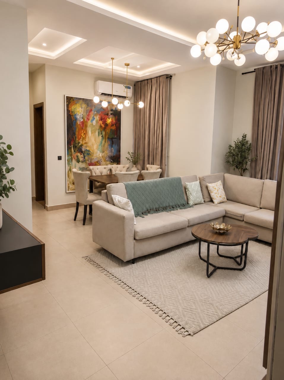 Bright neutral lounge and dining area